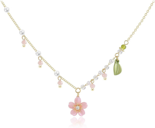 Lily of The Valley Pearl Necklace Cheery Blossm Daisy Green Paint and Lily Flower Pearl Pendant Floral Charm Pink Flower Wedding Jewelry for Women