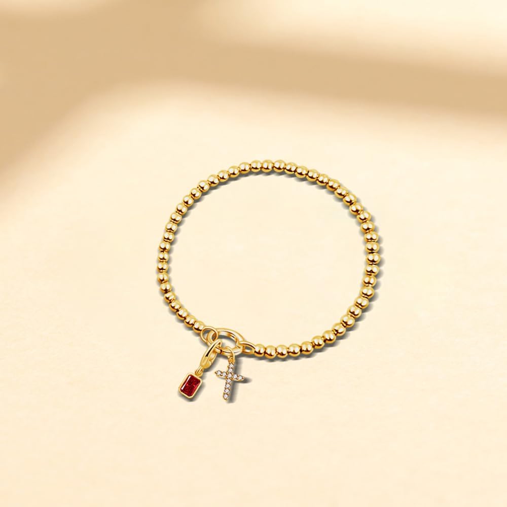 Free bird Cross Birthstone Bracelet | Dainty 14K Gold Plated Cross Charm Bracelet | Stretchable Elastic Gold Beaded Bracelet