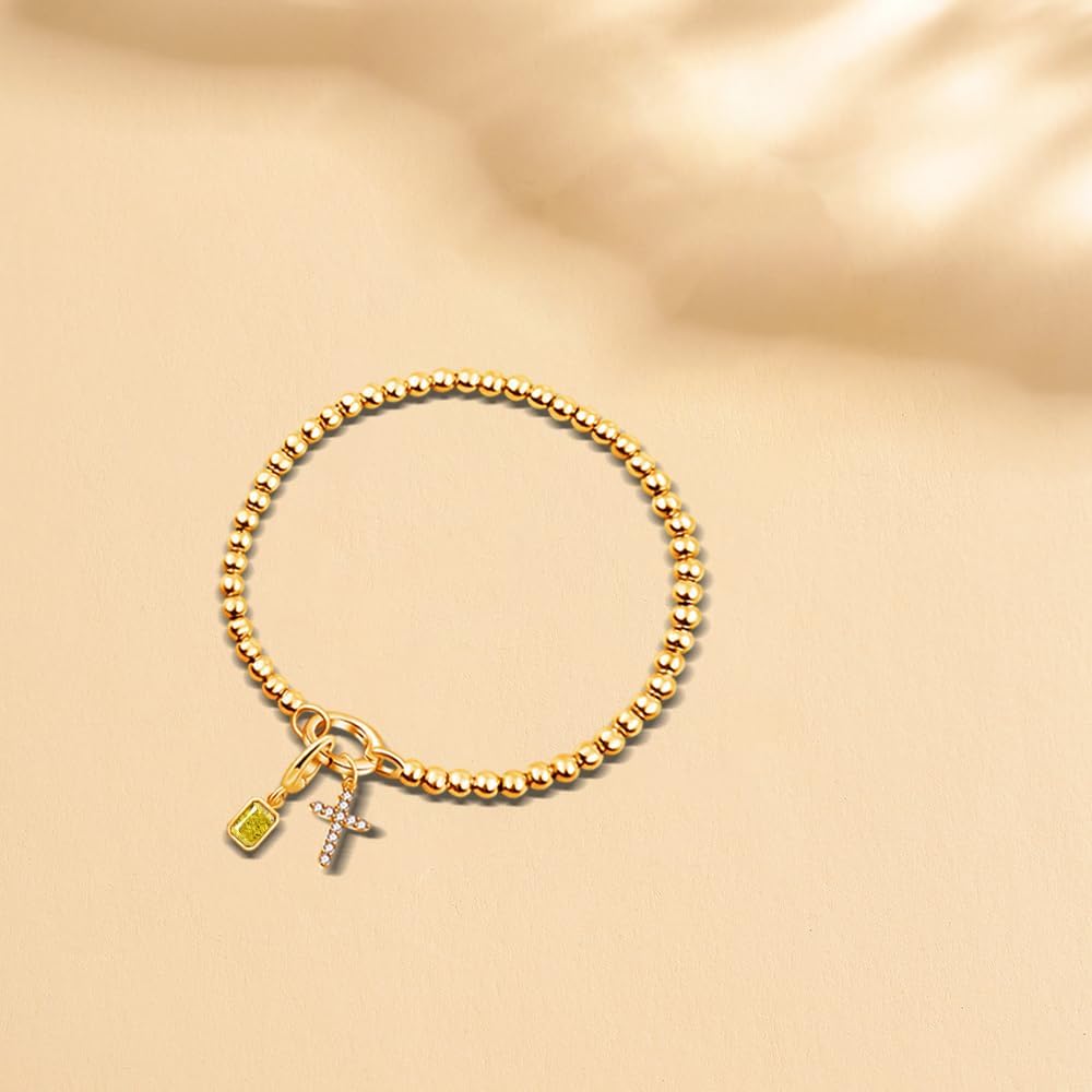 Free bird Cross Birthstone Bracelet | Dainty 14K Gold Plated Cross Charm Bracelet | Stretchable Elastic Gold Beaded Bracelet