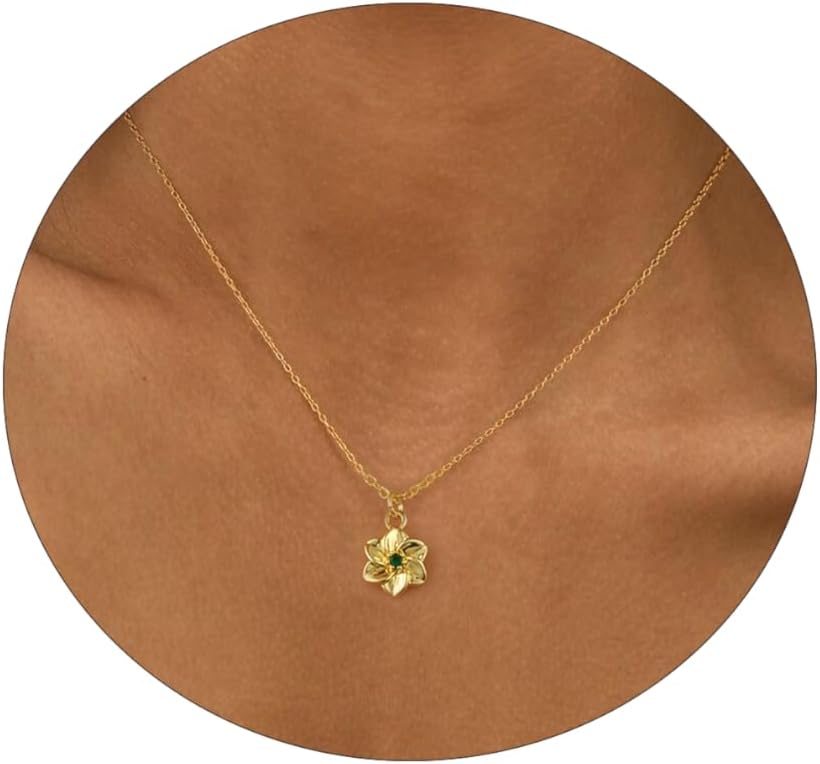 Dainty Birth Flower Necklace with Emerald Birthstone, 14K Gold Plated Cubic Zirconia Pendant, Birthday Gift for Women