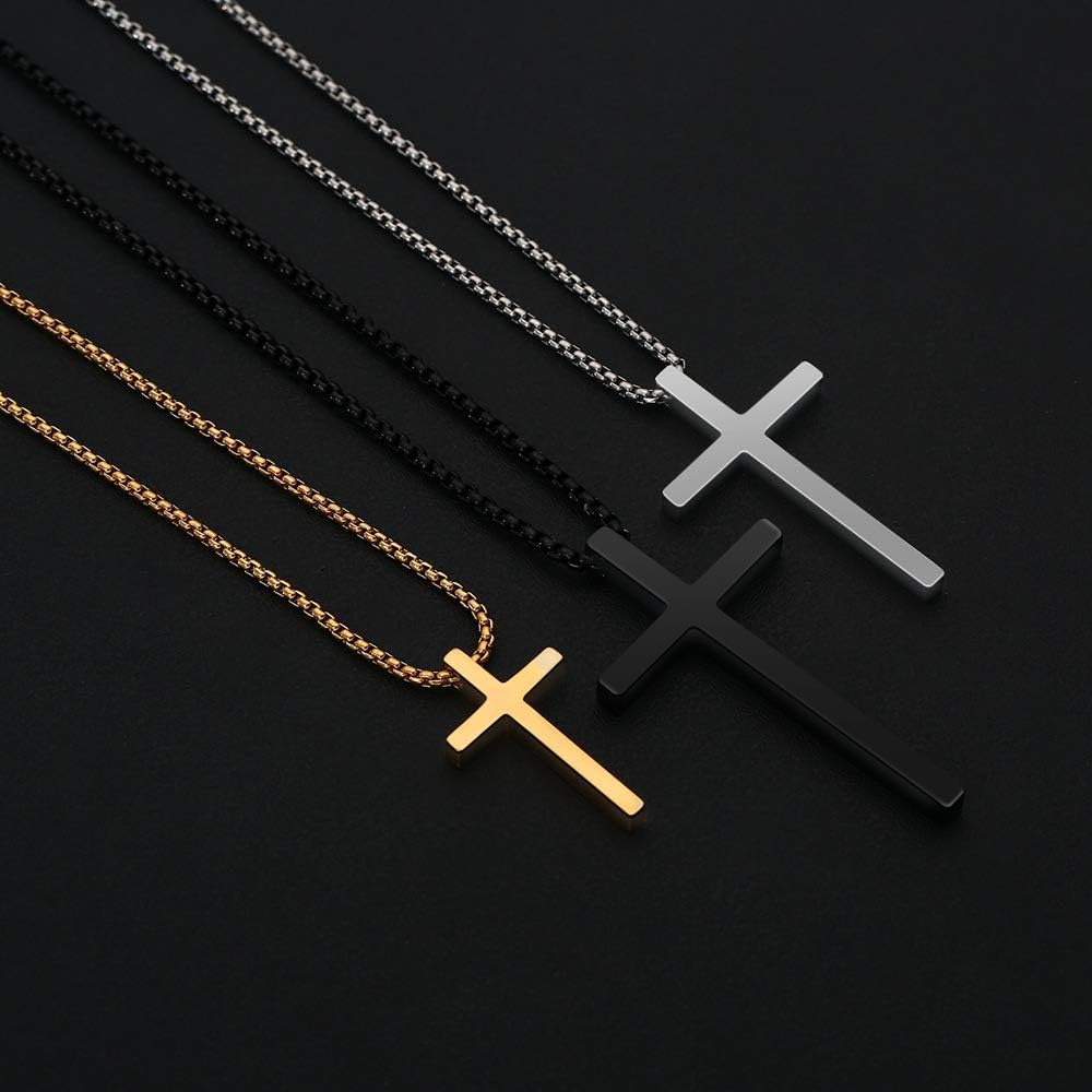 Cross Necklace For Men, Silver Black Gold Plain Cross Pendant With Adjustable Box Chain 16-30 Inch