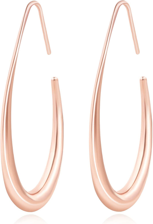Lightweight Teardrop Hoop Earrings for Women - 14k Gold/White Gold Plated Large Oval Pull Through Hoop Earrings High