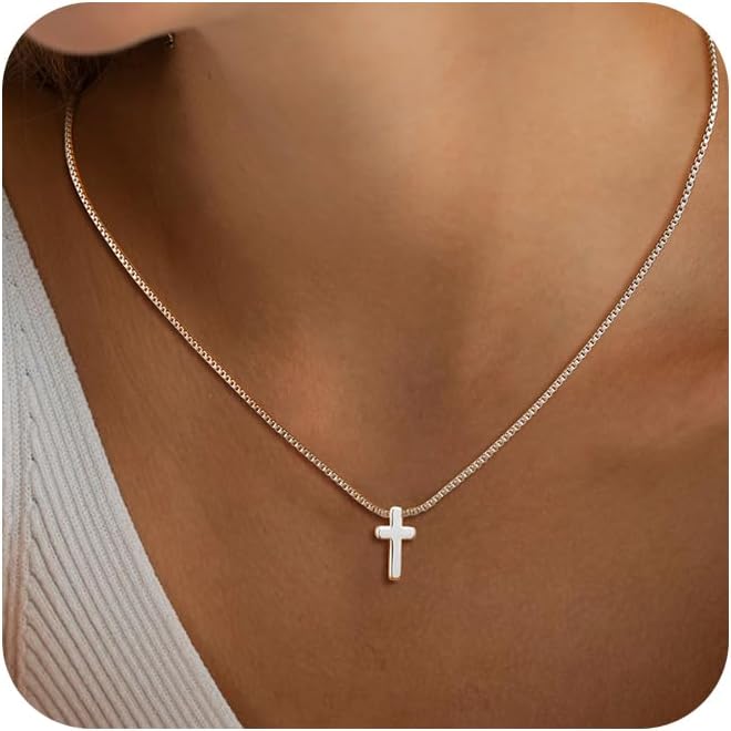 14K Gold/Silver Cross Necklace, CZ Box Chain with Pearl Beads, Minimalist Everyday Jewelry Gift for Women