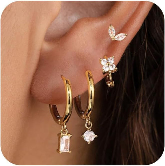 Gold Earrings for Women, 14k Gold Plated Dangle Huggie Earrings for Women Trendy Dainty Gold Hoop Earring Stacks  Pearl Chain Drop Cartilage