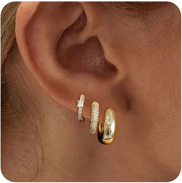Gold Chunky Hoop Earrings Set for Women, 14K Gold Plated Twisted Huggie Hoop Earring Thick Open Lightweight Chunky Hoop