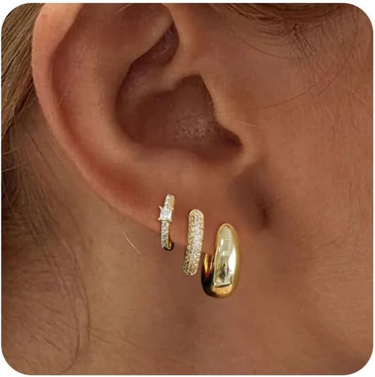 Gold Chunky Hoop Earrings Set for Women, 14K Gold Plated Twisted Huggie Hoop Earring Thick Open Lightweight Chunky Hoop