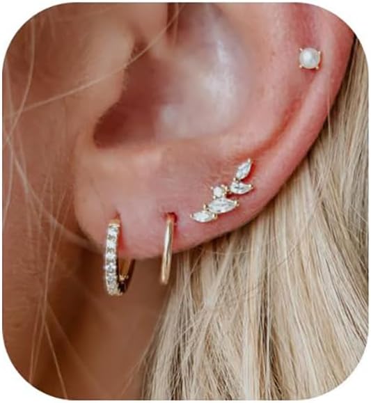 Gold Earrings for Women, 14k Gold Plated Dangle Huggie Earrings for Women Trendy Dainty Gold Hoop Earring Stacks  Pearl Chain Drop Cartilage