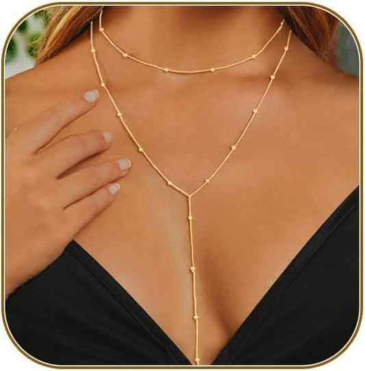 "Dainty Y-Shaped Lariat Necklace For Women, 14K Gold Plated/Silver Layered Beaded Chain Drop Necklace, Trendy Simple Gold Jewelry Gift"