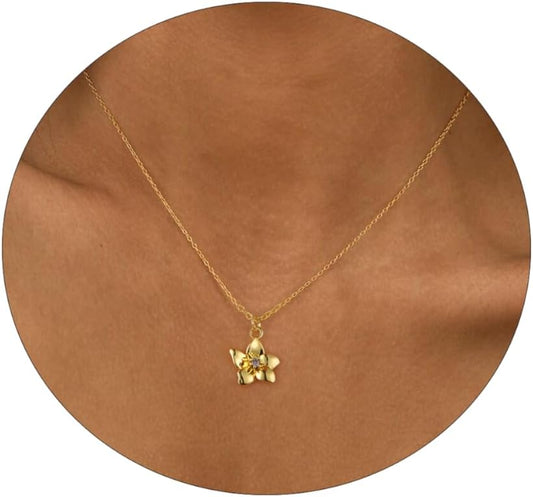 Dainty Birth Flower Necklace with Emerald Birthstone, 14K Gold Plated Cubic Zirconia Pendant, Birthday Gift for Women