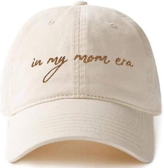 in My Mom Era Hat - Beige Baseball Cap for Moms, High Ponytail Hole, Minimalist Design