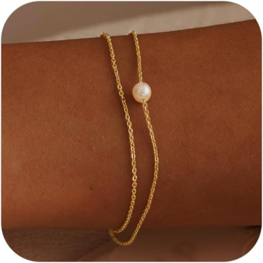 Gold Bracelets for Women Trendy, 14K Real Gold Plated Dainty Stackable Pearl Snake Chain CZ Heart Pendant Bracelets Adjustable 6"+2"