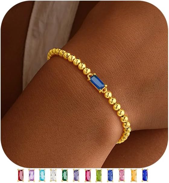Dainty Birthstone Bracelet for Women - Elastic 14K Gold Plated Bead Bracelets Trendy Friendship Birthday Jewelry Gifts for Women
