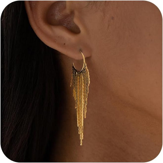 Gold Earrings for Women, 14K Gold Plated Tassel Dangle Earrings for Women Trendy Hypoallergenic Long Chain Earring