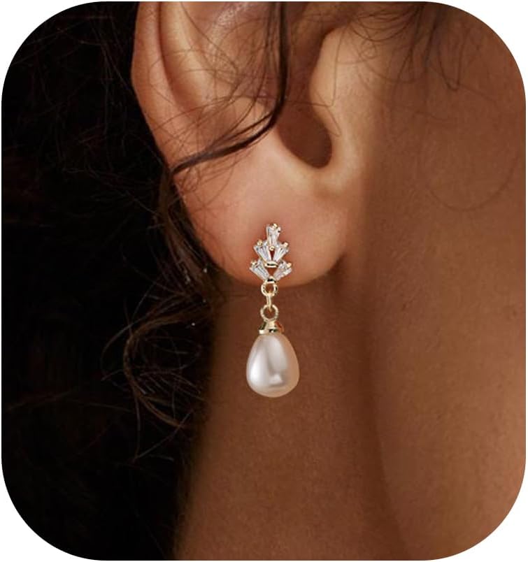 Pearl Earrings: 14k Gold-plated Cubic Zirconia Accented Pearl Drop Dangle Wedding Engagement Earrings For Women Bridal Bridesmaid
