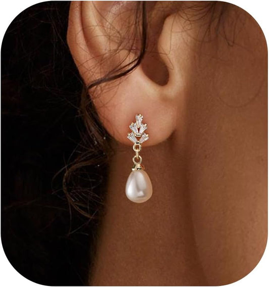 Pearl Earrings: 14k Gold-plated Cubic Zirconia Accented Pearl Drop Dangle Wedding Engagement Earrings For Women Bridal Bridesmaid
