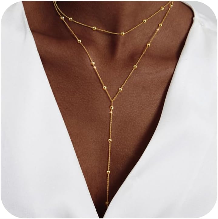 Adjustable Lariat Y-Necklace | 14K Gold Plated/Silver Dainty Beaded Drop Chain - Boho Jewelry Gift for Her