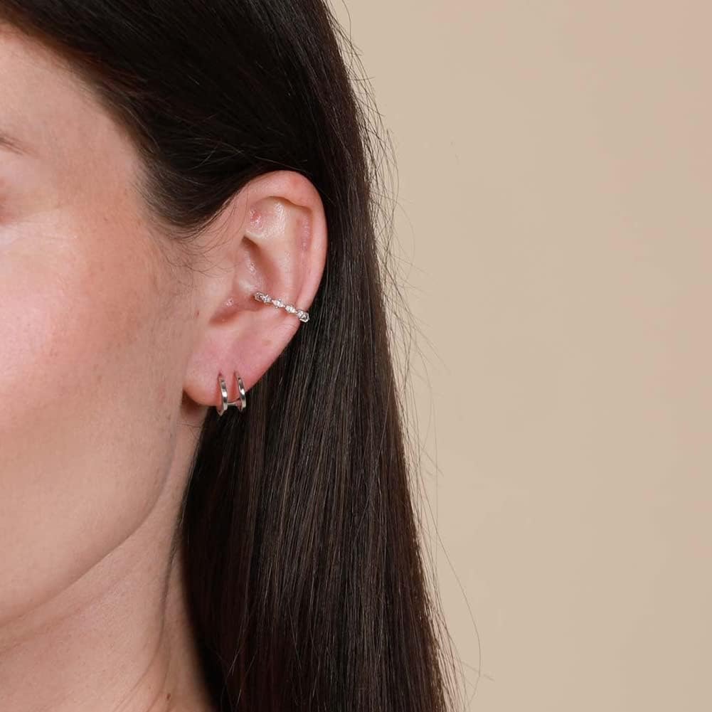 14K Gold Plated Triple Huggie Illusion Stud Earrings | Double Huggie Hoop Earrings for One Hole | Gold Hoop Earrings for Women