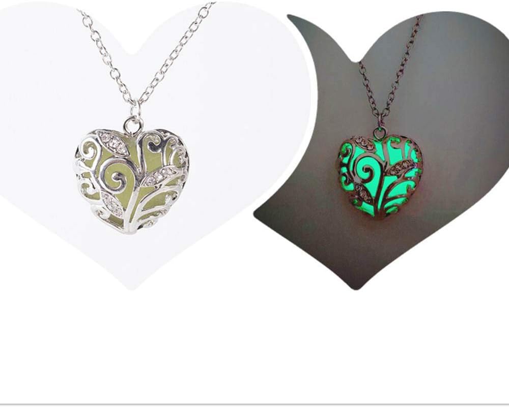 Glow in the Dark Heart Necklace - Luminous Halloween Jewelry with Fluorescent Stone