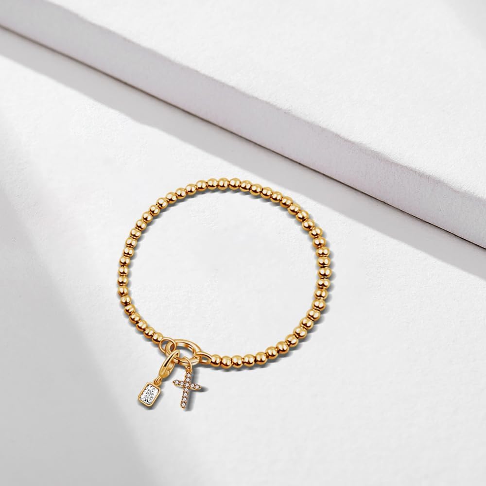 Free bird Cross Birthstone Bracelet | Dainty 14K Gold Plated Cross Charm Bracelet | Stretchable Elastic Gold Beaded Bracelet