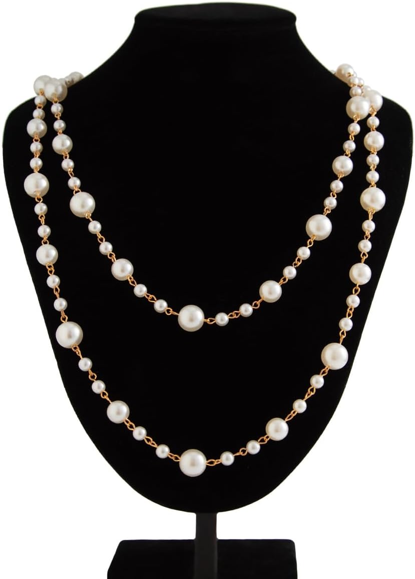 Gold Long Pearl Necklaces for Women White Faux Pearl Necklace Double Layered Pearl Necklace Charm Sweater Chain Jewelry Gifts