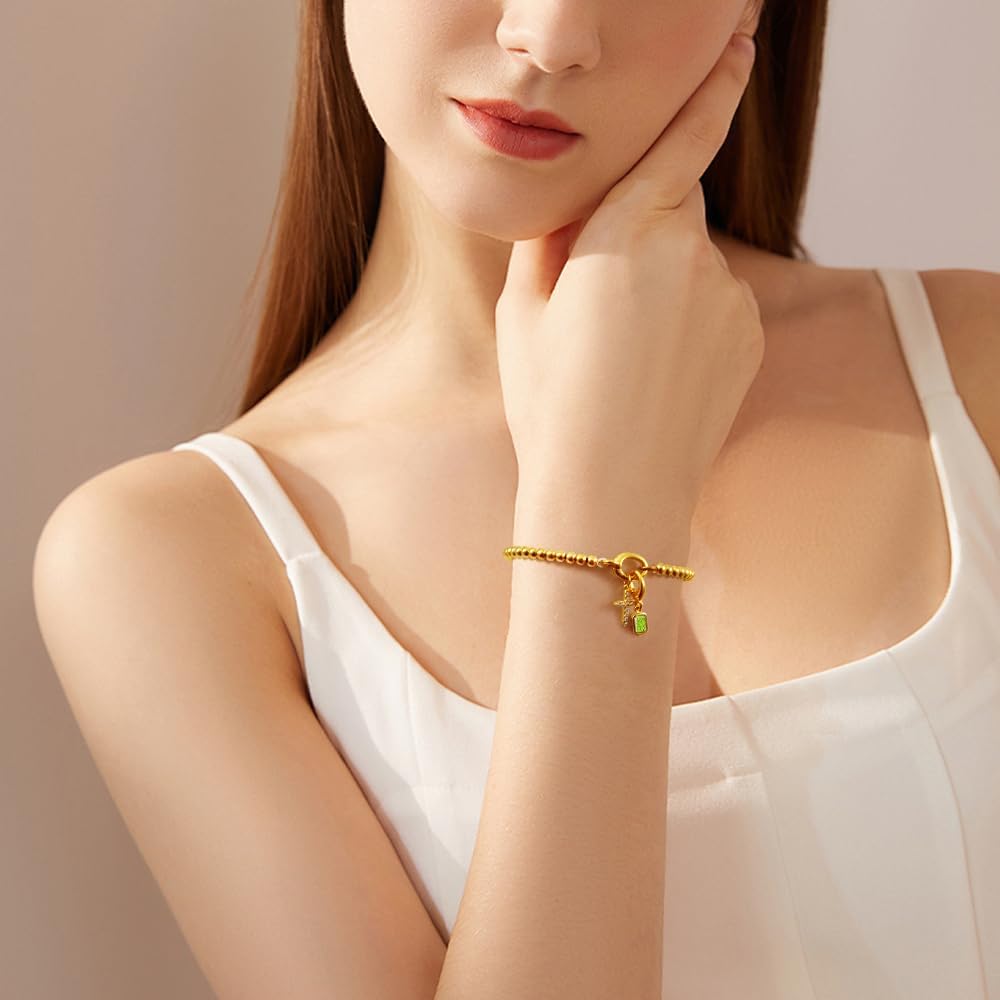 Free bird Cross Birthstone Bracelet | Dainty 14K Gold Plated Cross Charm Bracelet | Stretchable Elastic Gold Beaded Bracelet