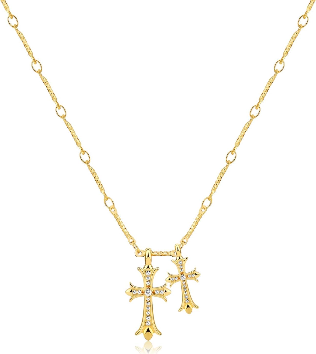"14K Gold/Silver Plated Double Cross Necklace, Dainty Diamond Cross Pendant Chain, Delicate Faith Jewelry Gift for Women"