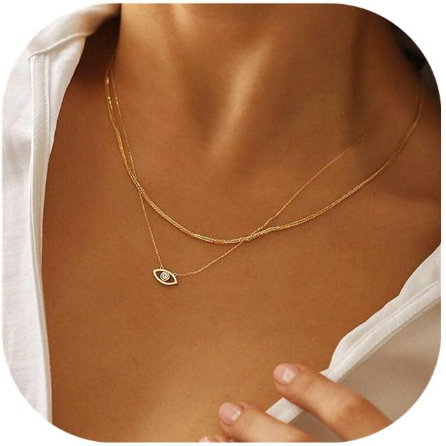 Necklace for Women 14K Gold Plated Delicate Necklaces Blue White CZ Diamond Pendant Necklace Cute Boho Tiny  Lucky Protection Jewelry Gift for Women