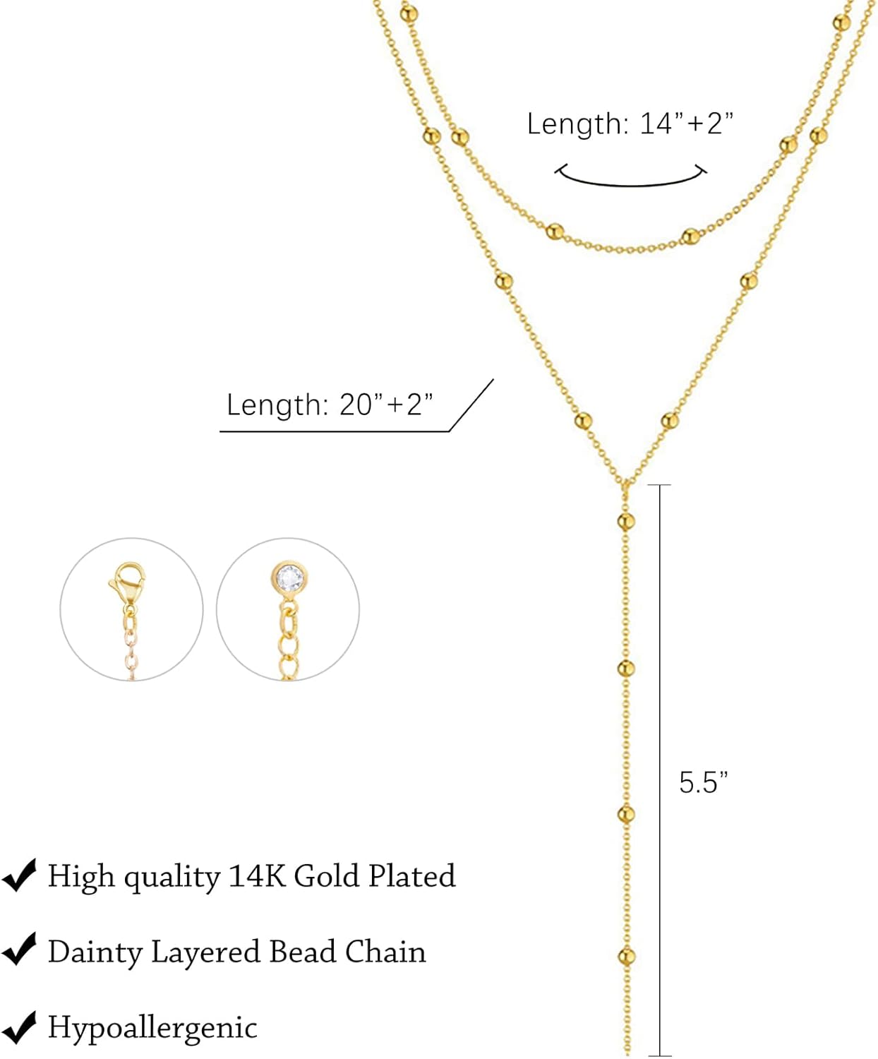 Adjustable Lariat Y-Necklace | 14K Gold Plated/Silver Dainty Beaded Drop Chain - Boho Jewelry Gift for Her
