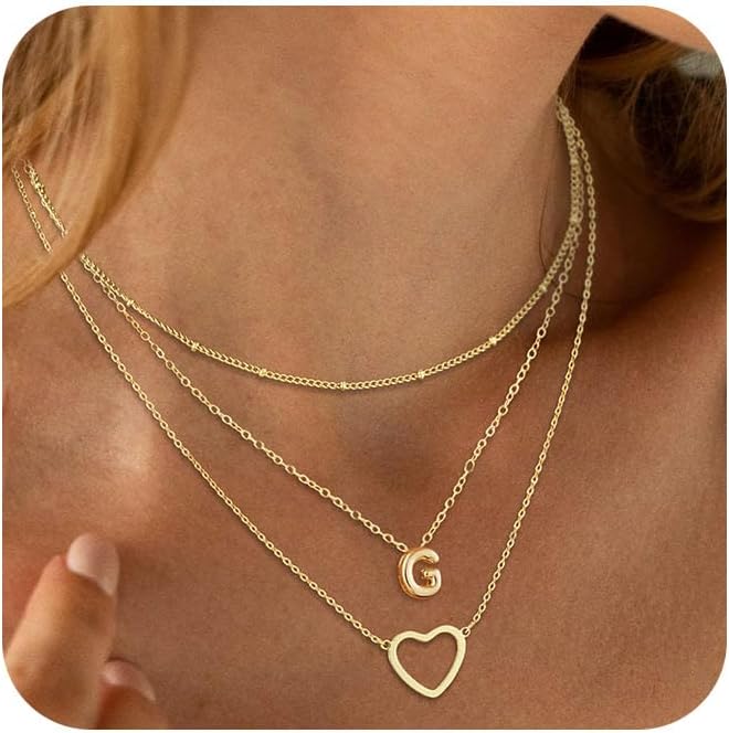 14K Gold Plated Initial Necklace, Layered Heart & A-Z Letter Personalized Gift for Women