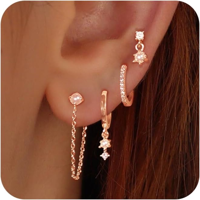 Gold Earrings for Women, 14k Gold Plated Dangle Huggie Earrings for Women Trendy Dainty Gold Hoop Earring Stacks  Pearl Chain Drop Cartilage
