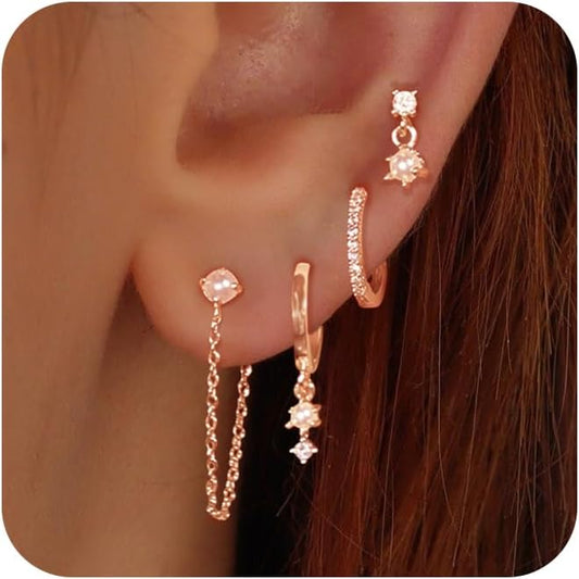 Gold Earrings for Women, 14k Gold Plated Dangle Huggie Earrings for Women Trendy Dainty Gold Hoop Earring Stacks  Pearl Chain Drop Cartilage