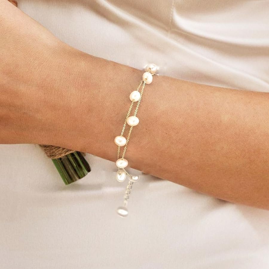 Gold Pearl Bracelets for Women - Dainty 14K Gold Plated Pearls Bracelet Trendy Beaded Chain Jewelry Gifts for Women