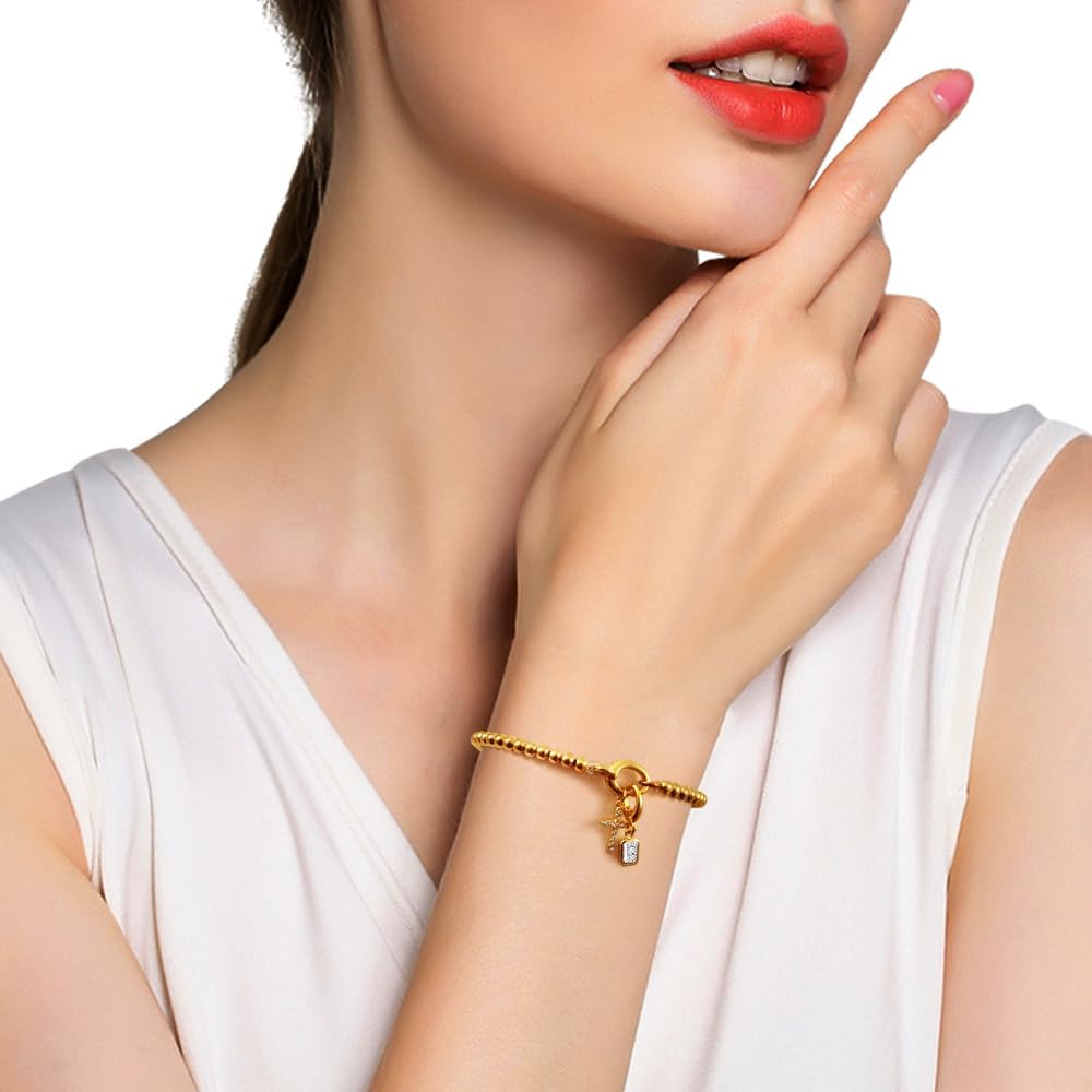 Free bird Cross Birthstone Bracelet | Dainty 14K Gold Plated Cross Charm Bracelet | Stretchable Elastic Gold Beaded Bracelet