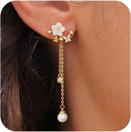 14K Gold Plated Butterfly Dangle Earrings for Women - Dainty, Trendy, CZ Drop Earrings - Simple Long Dangling Jewelry