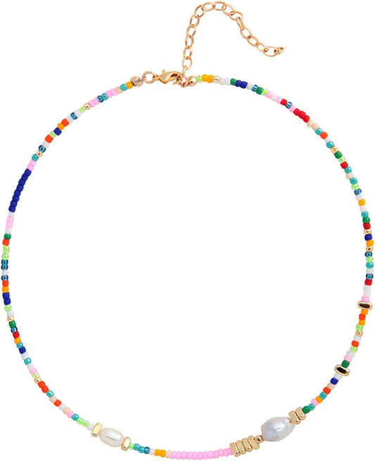 Women & Teens Freshwater Pearl Choker Necklace, Colorful Beaded Evil Eye Pendant 18K Gold Plated Adjustable Y2K Trendy Gift