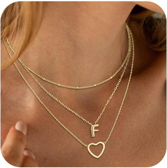 14K Gold Plated Initial Necklace, Layered Heart & A-Z Letter Personalized Gift for Women