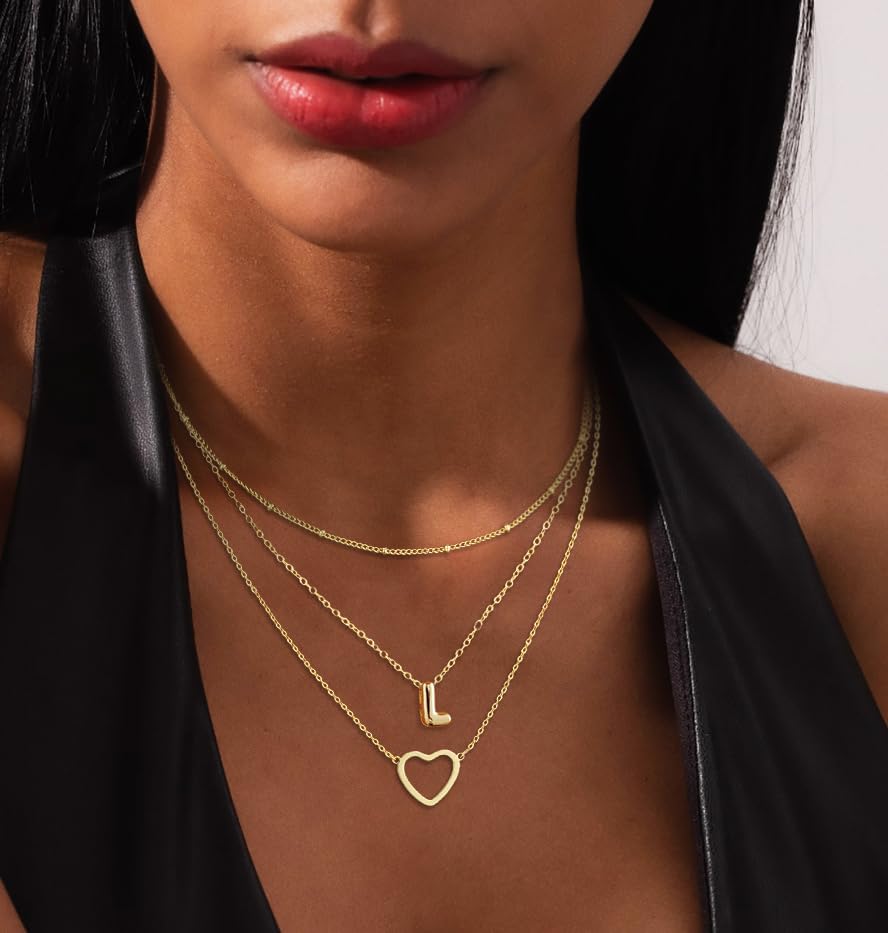 14K Gold Plated Initial Necklace, Layered Heart & A-Z Letter Personalized Gift for Women