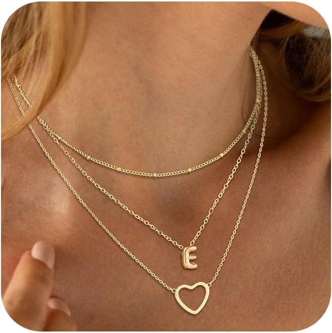 14K Gold Plated Initial Necklace, Layered Heart & A-Z Letter Personalized Gift for Women