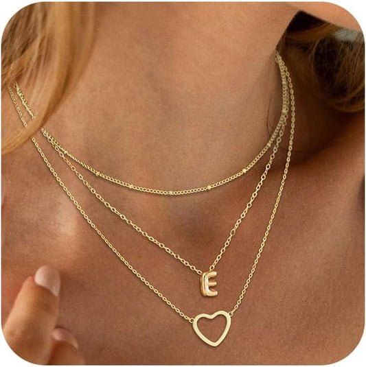 14K Gold Plated Initial Necklace, Layered Heart & A-Z Letter Personalized Gift for Women