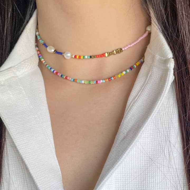Colorful Beaded Necklace - Freshwater Pearl & Evil Eye Pendant, Stainless Steel 18K Gold Plated Y2K Trendy Jewelry for Women & Teen Girls