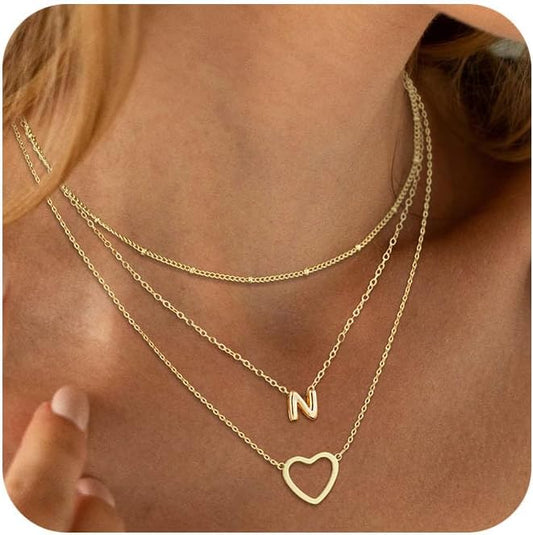 14K Gold Plated Initial Necklace, Layered Heart & A-Z Letter Personalized Gift for Women
