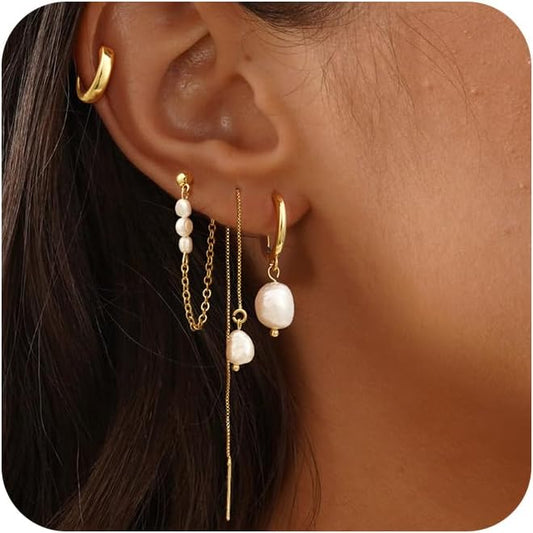 Pearl Dangle Hoop Earrings for Women - Dainty14K Gold Plated Small Drop Chain Hoops Trendy Earring Sets for