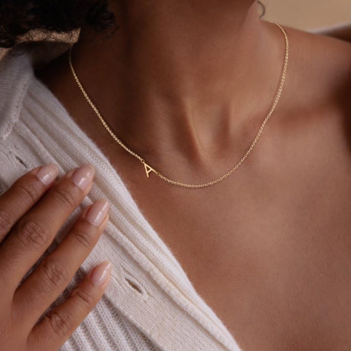 "14K Gold Plated Initial Necklace for Women, Dainty Sideways Letter Choker, Trendy Personalized Name Jewelry Gift, Minimalist Gold Necklace"