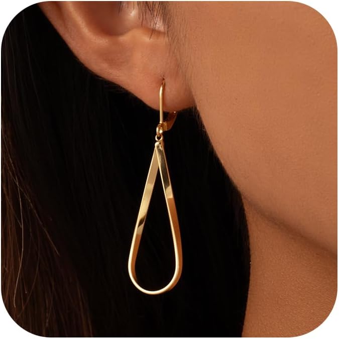 Gold Dangle Earrings for Women, 14K Gold Plated LightweightTeardrop Drop Earrings, Trendy Leverback Minimalist Jewelry for