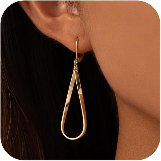 Gold Dangle Earrings for Women, 14K Gold Plated LightweightTeardrop Drop Earrings, Trendy Leverback Minimalist Jewelry for