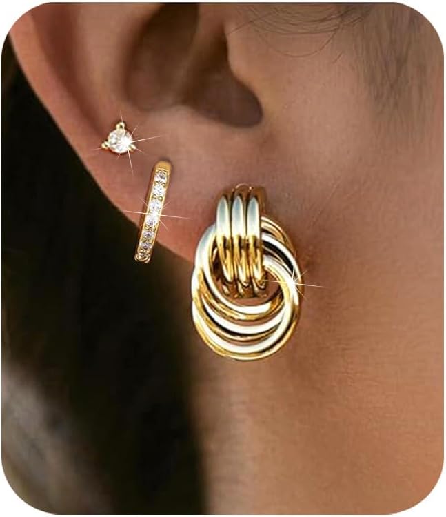 3Pairs Gold Hoop Earrings Set for Women Trendy Chunky Huggie Dainty Earrings Jewelry for Women Teens