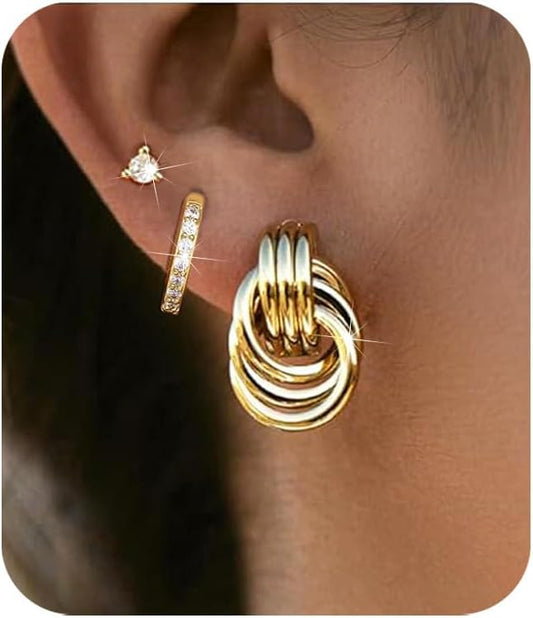 3Pairs Gold Hoop Earrings Set for Women Trendy Chunky Huggie Dainty Earrings Jewelry for Women Teens