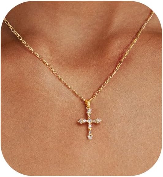 CROSS NECKLACE FOR WOMEN - 14K GOLD PLATED DOUBLE CROSS PENDANT, DAINTY SMALL CROSS CHARM, TRENDY SIMPLE GOLD CHOKER JEWELRY"