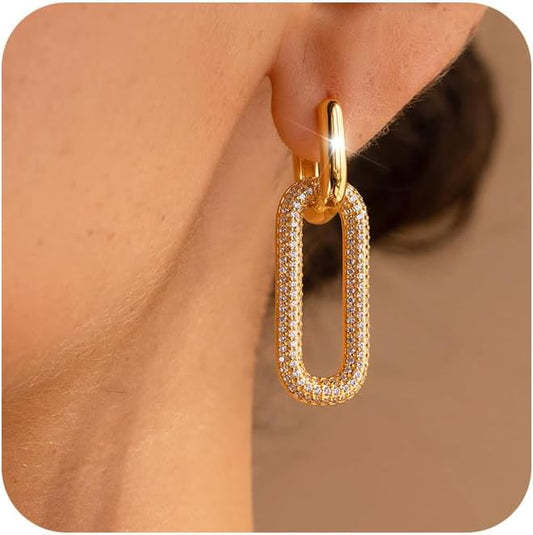 Gold Earrings for Women Trendy, Simple Dainty 14K Gold Plated Paperclip Square Chain Link Dangle Pin Stud Huggie Earrings Lightweight
