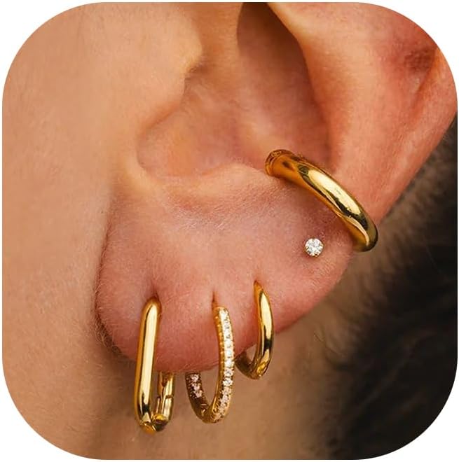 Small Gold Hoop Earrings Set for Women, 14K Gold Plated Lightweight Earrings Sets for Multiple Piercing